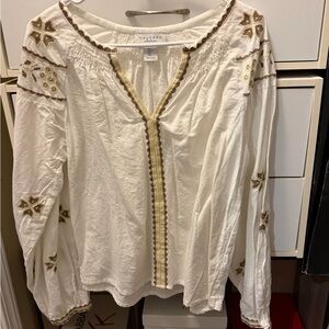 White and Brown Calypso Embroidered Women's Top